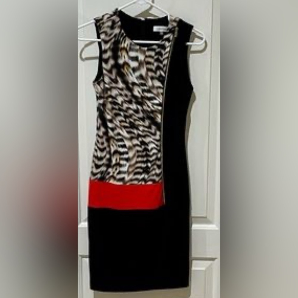Calvin Klein Women’s Seamed Block Dress ‘Latte Multi 2’ Sz. 4 Midi Bodycon